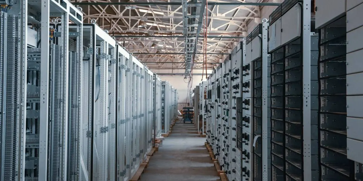 Rows of server racks in a data center