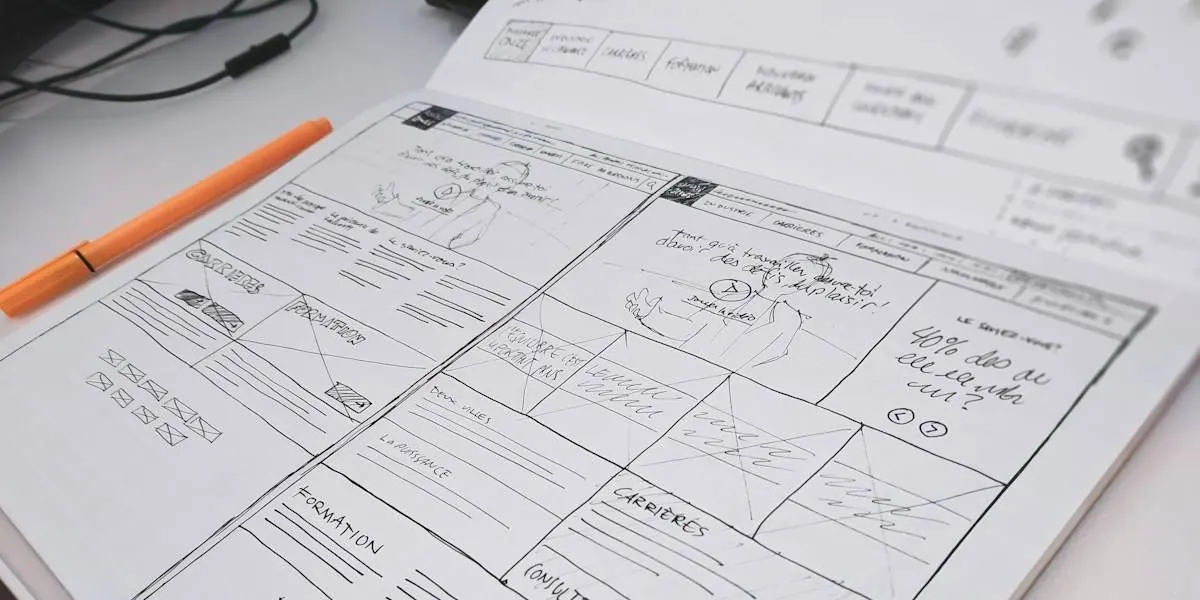Hand-drawn website wireframe on paper